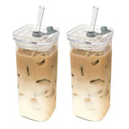 1Pcs Square Heat Resistant Coffee Glass Cup With Lid and Straw Transparent Milk Tea Juice Cups Coffee Mug For Home Bar Drinkware