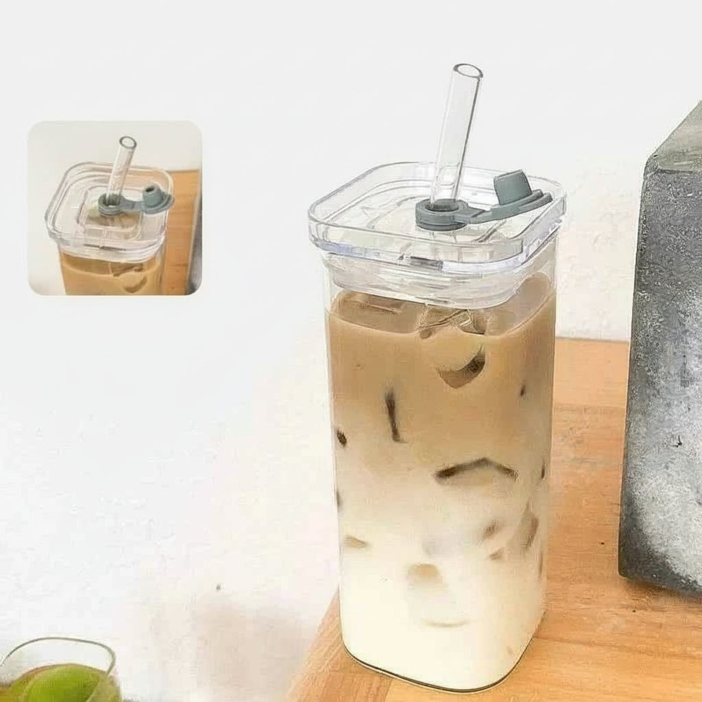 1Pcs Square Heat Resistant Coffee Glass Cup With Lid and Straw Transparent Milk Tea Juice Cups Coffee Mug For Home Bar Drinkware