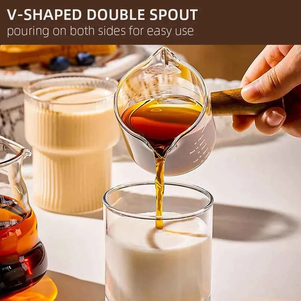 1pc Glass Measuring Cup Wood Handle Glass Espresso Measuring Cup Double Single Mouth Milk Coffee Clear Mug Coffee Supplies