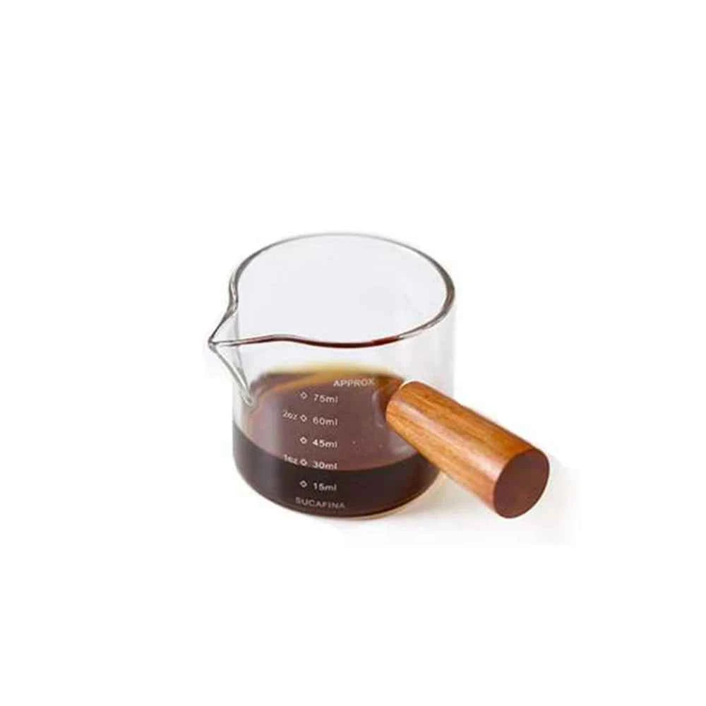 1pc Glass Measuring Cup Wood Handle Glass Espresso Measuring Cup Double Single Mouth Milk Coffee Clear Mug Coffee Supplies