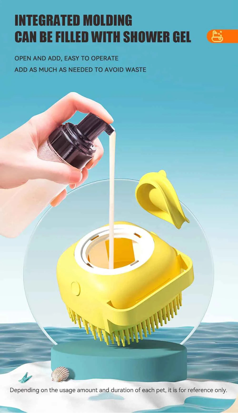 Dog Bathing Brush Pet Massage Brush Shampoo Dispenser Soft Silicone Brush Rubber Bristle for Dogs and Cats Shower Grooming Tool