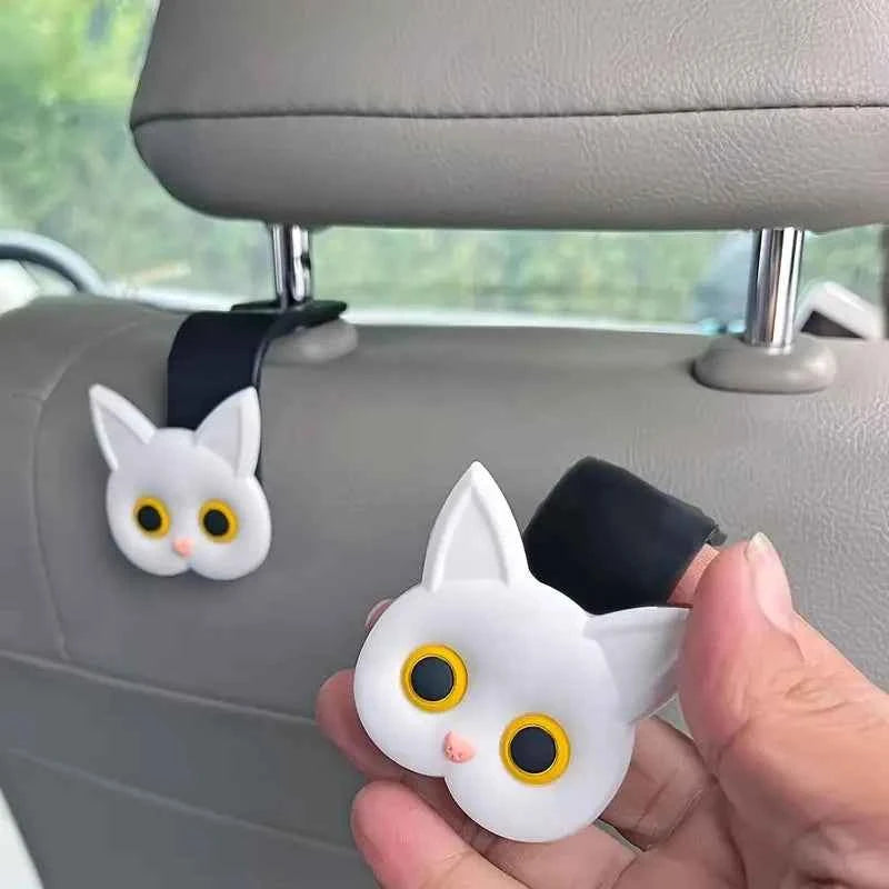 2pcs Adorable 3D Cartoon Cat Car Seat Headrest Hooks - Universal Vehicle Storage Organizer for Handbags, Purses, Coats - Cute Ca