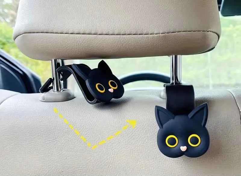2pcs Adorable 3D Cartoon Cat Car Seat Headrest Hooks - Universal Vehicle Storage Organizer for Handbags, Purses, Coats - Cute Ca